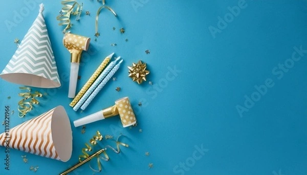 Obraz party accessories, caps, blowers and candles on blue background, copy space