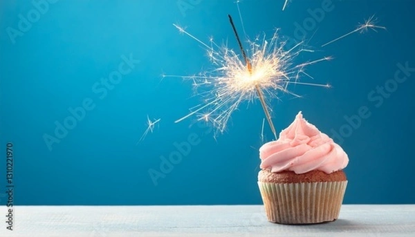 Obraz happy birthday celebration cupcake with burning sparkler on a wooden surface, copy space