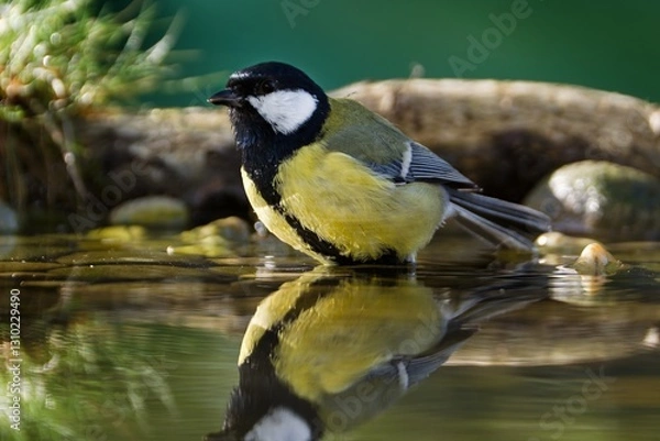 Fototapeta Great tit (Parus major) standing in water. Reflection on the water. Czech Republic