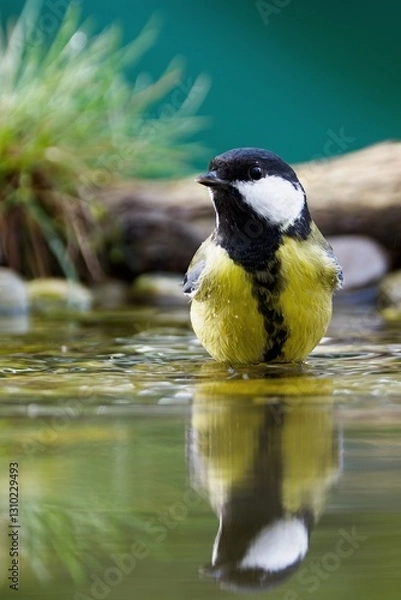 Fototapeta  Great tit (Parus major) standing in water. Reflection on the water. Czechia..