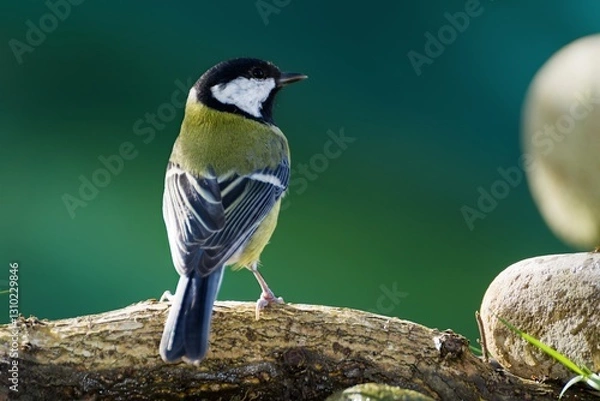 Fototapeta  Great tit (Parus major) stands on a stick near stones. Czech Republic.