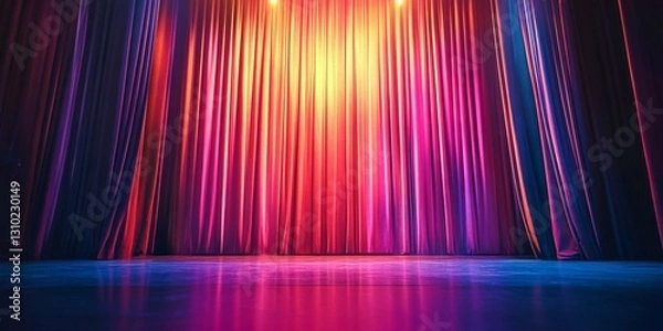 Fototapeta A beautiful stage with colorful curtains in shades of purple, red, and orange. Soft light shines through. Perfect for theater promotions and event presentations. Captivating visual appeal. AI