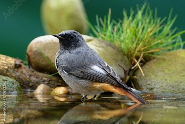 Fototapeta Male black redstart - Phoenicurus ochruros- standing in water. Reflection on the water. Czechia.