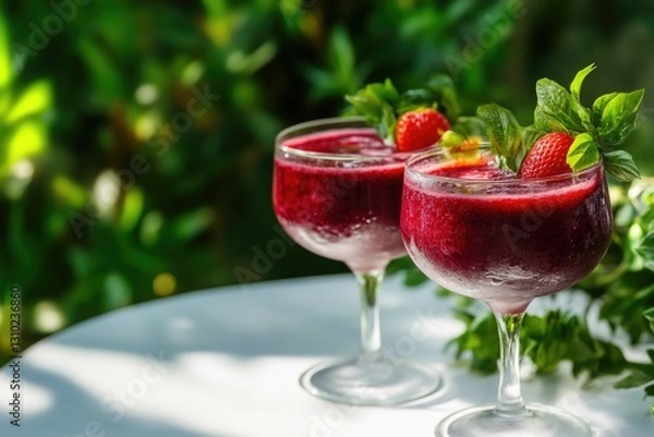 Fototapeta Refreshing fruit smoothies with strawberries on white table against natural green background