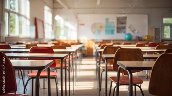 Fototapeta background of bright front view school classroom interior