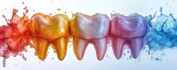 Fototapeta Colorful teeth models splashing in vibrant water with radiant lighting