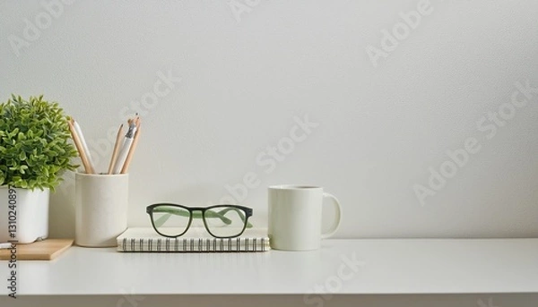Obraz desk with stationery, eyeglasses, notebook, mug and a plant, copy space