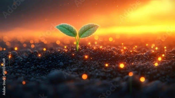 Fototapeta Sunrise seedling growth, glowing soil