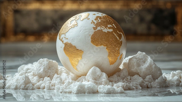 Fototapeta A gold-embossed globe rests on a white surface, surrounded by small rocks