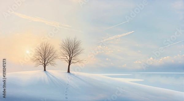 Fototapeta Two bare trees standing in a snow-covered landscape. The sun creates long shadows and a serene winter atmosphere.