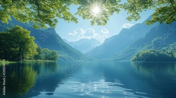 Obraz Serene mountain lake reflecting sunlight, peaceful landscape