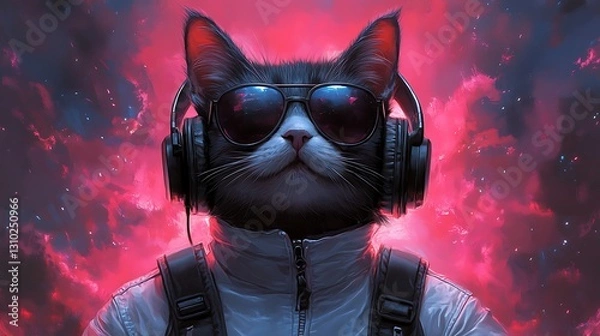 Fototapeta Digital cyberpunk feline with glowing urban background images