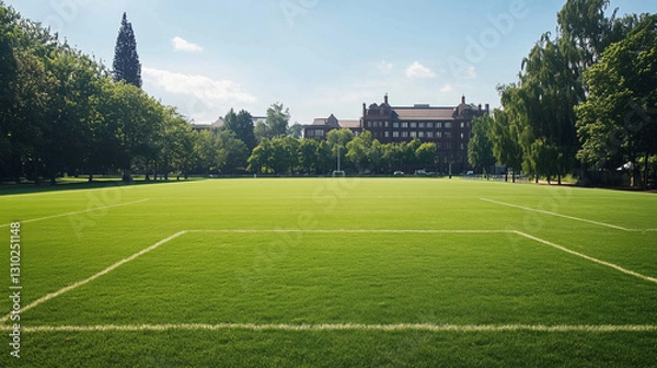 Fototapeta Spacious University Campus Rugby Field with Lush Green Turf and Open Space for Games or Events, Featuring Expansive Area for Text Addition