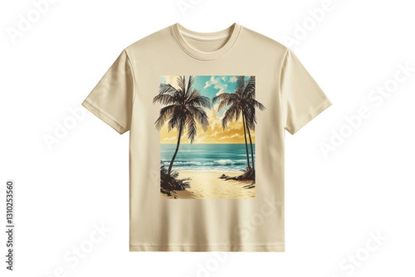 Fototapeta Relaxing beach scene t-shirt featuring palm trees and ocean at sunset in warm tones