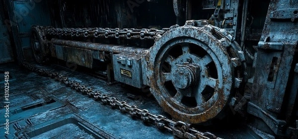 Fototapeta Rusted conveyor belt assembly in an underground mining operation