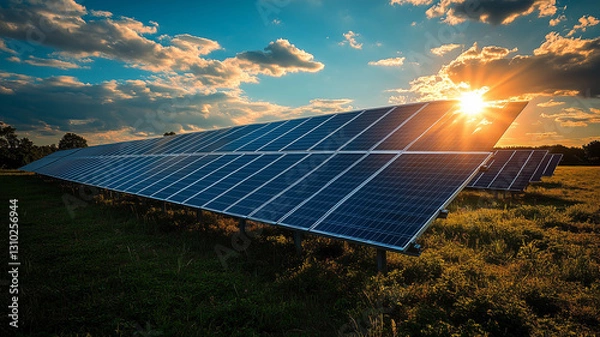 Fototapeta Shining sun on solar panels in field