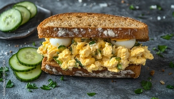 Obraz Delicious Scrambled Egg Cucumber Sandwich On Whole Wheat Bread