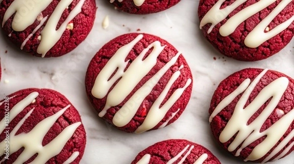 Obraz Minimalist top view of soft and chewy red velvet cookies with cream drizzle