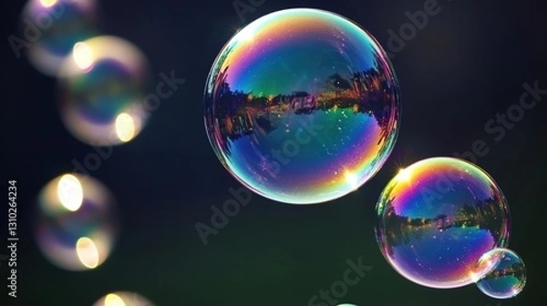 Fototapeta A close-up view of floating bubbles in the air, showcasing their delicate shapes and reflections.