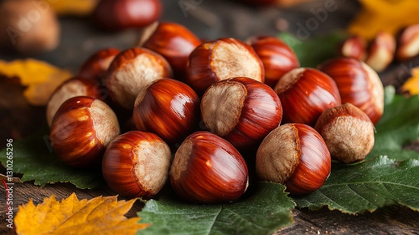 Fototapeta Many peeled chestnuts lie on green leaves