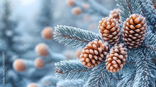 Fototapeta Spruce with cones on the mountains background