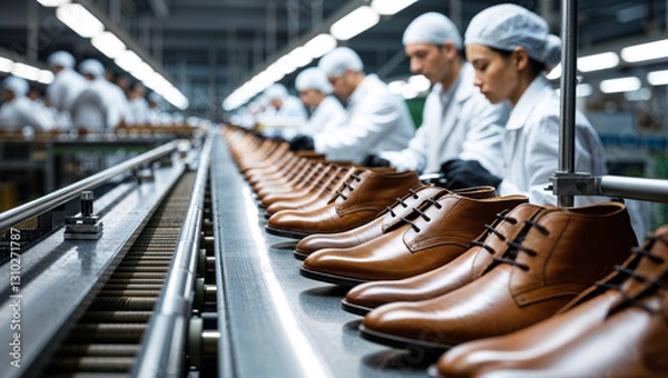 Fototapeta Rows of brown leather shoes move along the factory conveyor, undergoing inspection by workers.