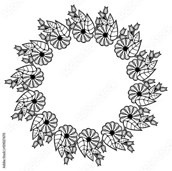 Fototapeta Round black and white frame with abstract decorative flowers. Copy space. 