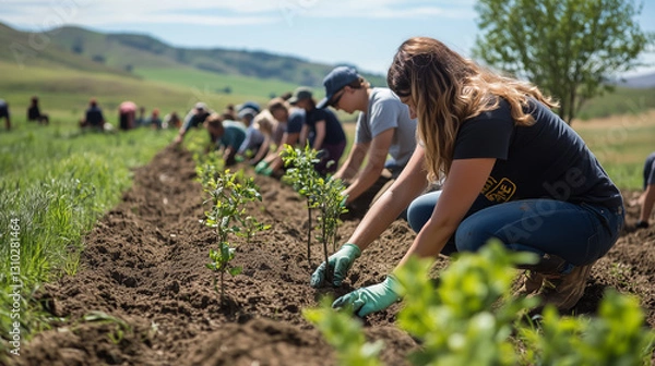 Obraz Volunteers engage in community planting activity on a sunny day at a rural farm, contributing to environmental sustainability and reforestation