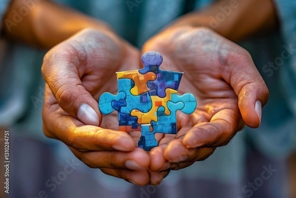Fototapeta World Autism Awareness Day: Embracing Diversity Through a Unique Puzzle Piece held in Hands