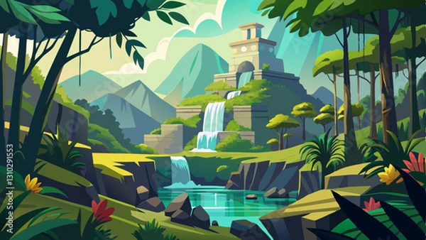 Fototapeta lush jungle landscape with ancient ruins and a waterfall
