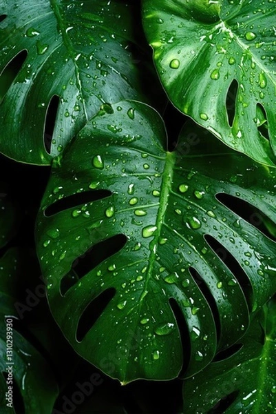 Fototapeta Lush green monstera leaves glistening with water droplets against a dark background