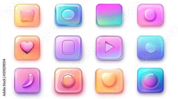 Obraz Square and Round Slimy Frames and Buttons for Game or App Design. Vector Colorful Glossy GUI/UI Assets, Multicolored Icons Set. Isolated Web Elements on White Background.