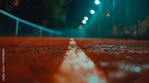 Fototapeta Night tennis court, close-up view of center line, illuminated by lights.