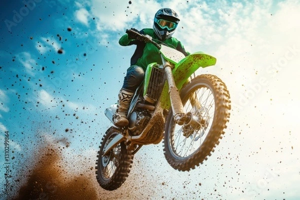 Obraz A man performs a dirt bike jump against a clear blue sky on a sunny day.