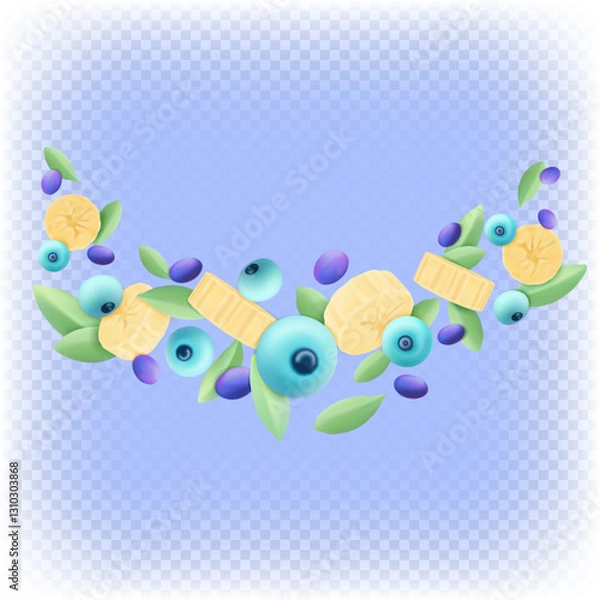 Obraz Fruit composition of banana pieces, blueberries, mint leaves and blue grapes. 3d vector isolated illustration.