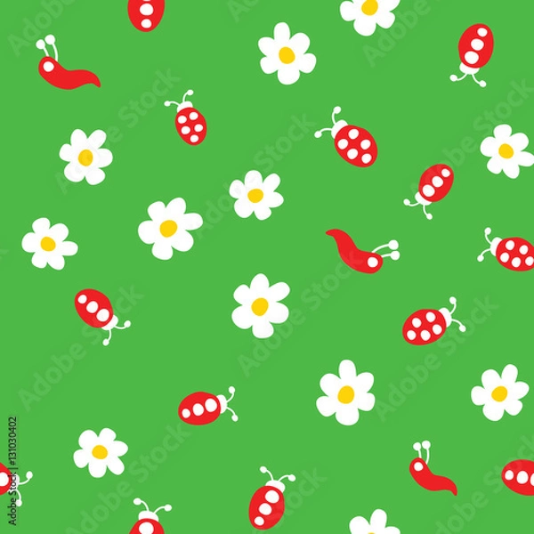 Fototapeta Ladybug, worm and flowers seamless pattern. Cartoon ladybirds on grass green background. Vector illustration.