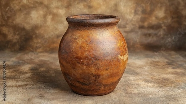 Fototapeta Rustic clay pot on textured background, showcasing craftsmanship and warm tones