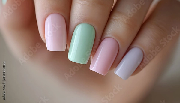 Fototapeta Soft focus on pastel nail art manicure for elegant and stylish look