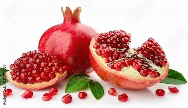 Fototapeta Whole and sliced pomegranate with vibrant red seeds, arils, and green leaf isolated on a white background, perfect for health, food, or skincare concepts.
