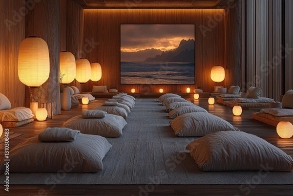 Fototapeta Tranquil meditation room with soft lighting and serene ocean view backdrop
