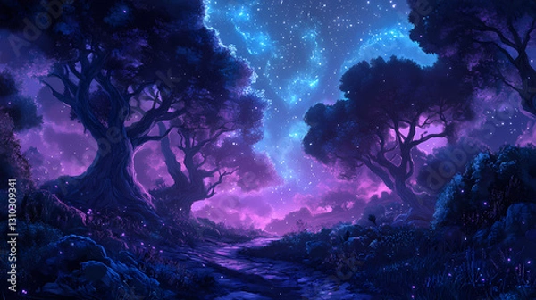 Fototapeta Mysterious astral forest with shimmering trees, shimmering trees, boundless skies. Boundless - Horizon. Illustration