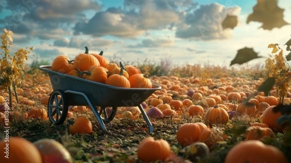 Obraz A wheelbarrow filled with fresh pumpkins in a vibrant pumpkin patch during autumn