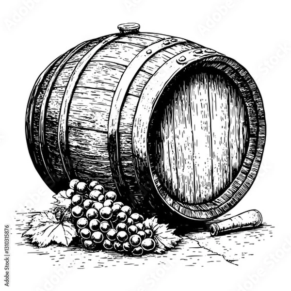 Fototapeta Rustic wooden barrel with grapes and a cork captures the essence of winemaking in traditional settings