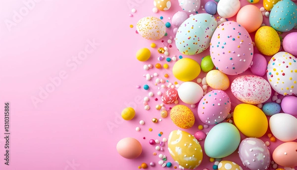 Fototapeta Easter eggs with sprinkles lay on a pink background, forming a colorful cluster