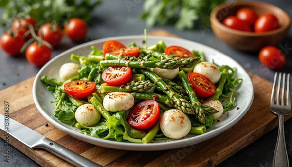 Obraz Vibrant asparagus salad with cherry tomatoes in modern kitchen, healthy eating