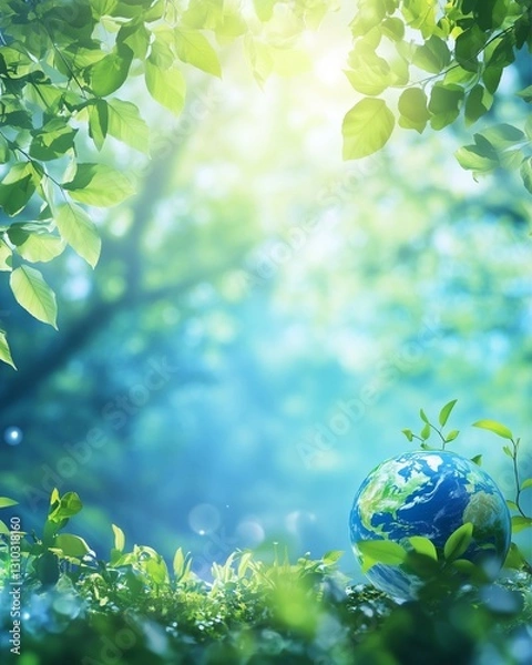 Fototapeta World Environment Day Nature Bliss – A lush blue nature-inspired background with vibrant leaves and sunlight filtering through trees, a small globe with sprouting leaves placed in the lower right corn