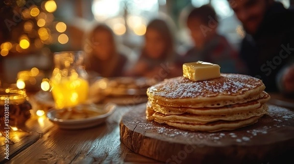 Fototapeta Fluffy pancake with butter and sugar amidst a family breakfast scene