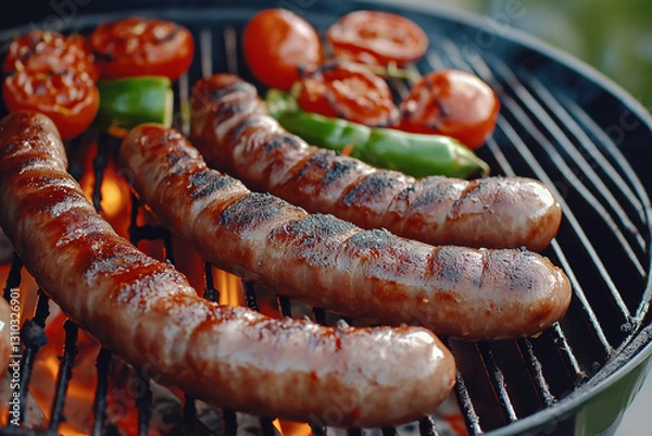 Fototapeta Grilling sausages and vegetables over a charcoal fire at a summer barbecue gathering