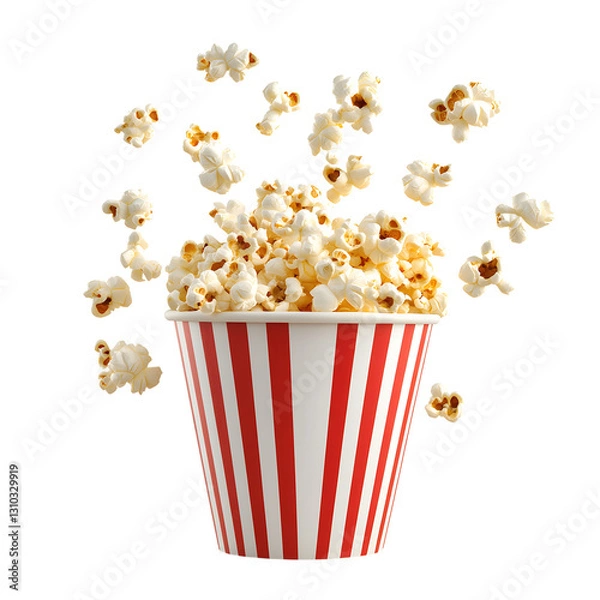 Fototapeta Popcorn spilling from a striped container against transparent background