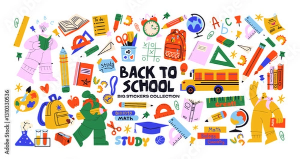 Fototapeta Set cartoon back to school stickers in the 90s style. Retro elements, office, study. Groovy characters students, school supplies, lessons, university. Trendy bright vector set
